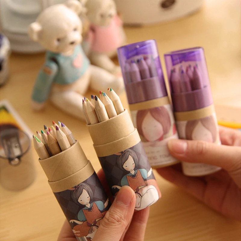 

12pcs Korean Version of Colored Pencils In Barrels with Pencil Sharpener Cute Planktonic Girl Mini Pencil Drawing Children