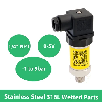 

pressure transmitter, 0 5V, analog output sensor, -0 to 9bar, 1 4 NPT thread, 12 30VDC supply, stainless steel 316L wetted parts
