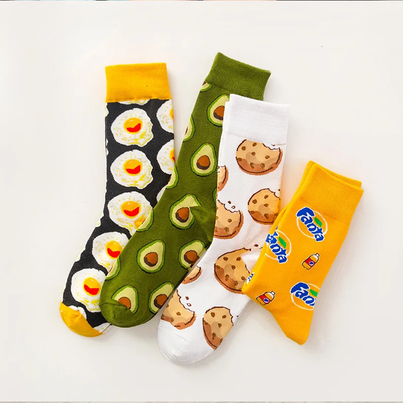 Funny Cotton Socks Women Tube Happy Sock Tide Cotton Long Snacks Fruit Food Avocado Socks High Tube Socks