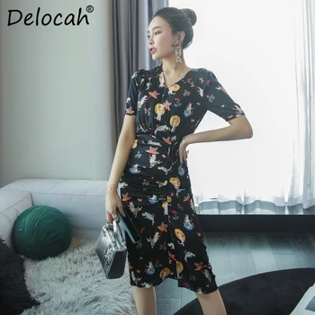 

Delocah Spring Summer Fashion Designer Women Dress Sexy V-Neck Printed Elegan Slim Female Casual Style Slit Midi Dresses
