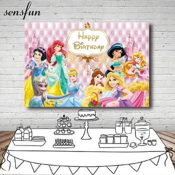

Photography Backdrops Girls Princess Birthday Party Backdrop Elsa Belle Ariel Jasmine Rapunzel Castle Photo Studio Prop Custom