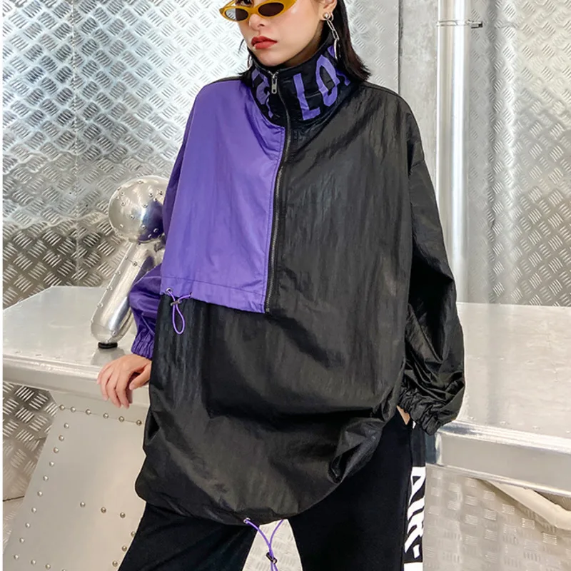 

XUXI Autumn 2020 Women Thin Coat Streetwear Loose Patchwork Turtleneck Wide-waisted Tops Long Sleeve Fashion Clothes FZ2666