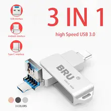 BRU 3 в 1 Otg Usb флешка 3,0 для Android type-c высокоскоростной флеш-накопитель Usb type C Флешка 16 ГБ 32 ГБ 64 ГБ 128 ГБ 256 ГБ флешки
