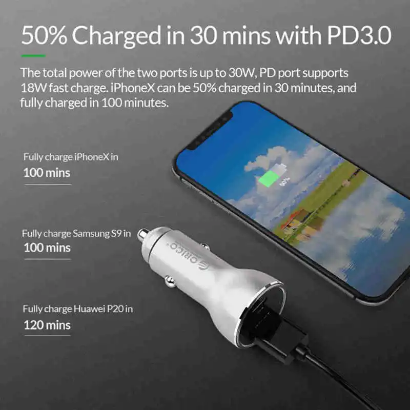 Orico 30 Вт Dual Usb Автомобильное зарядное устройство для телефона Usb 2.4A type-C Pd 3,0 прикуриватель быстрое зарядное устройство для Iphone samsung S9 Xiaomi