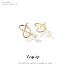 Yhpup серьги-гвоздики с искусственным жемчугом, геометрические серьги, S925 ювелирные изделия, очаровательные металлические серьги для женщин, вечерние серьги