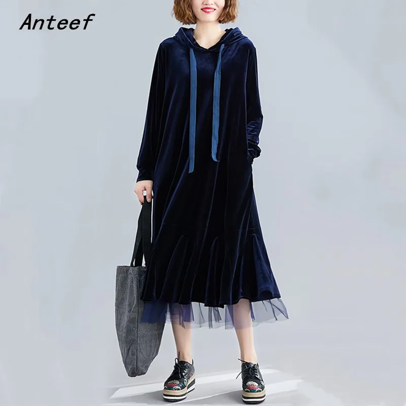 

long sleeve plus size velvet vintage hoodie women casual loose autumn winter elegant dress women clothes 2020 ladies dresses