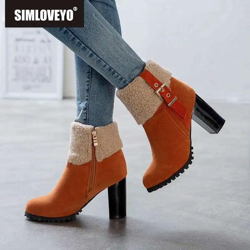 

SIMLOVEYO Snow Boots Women Zip Winter Ladies Platform Warm Fur Suede Square high heels Ankle Boot Female Casual Shoes size 33-50