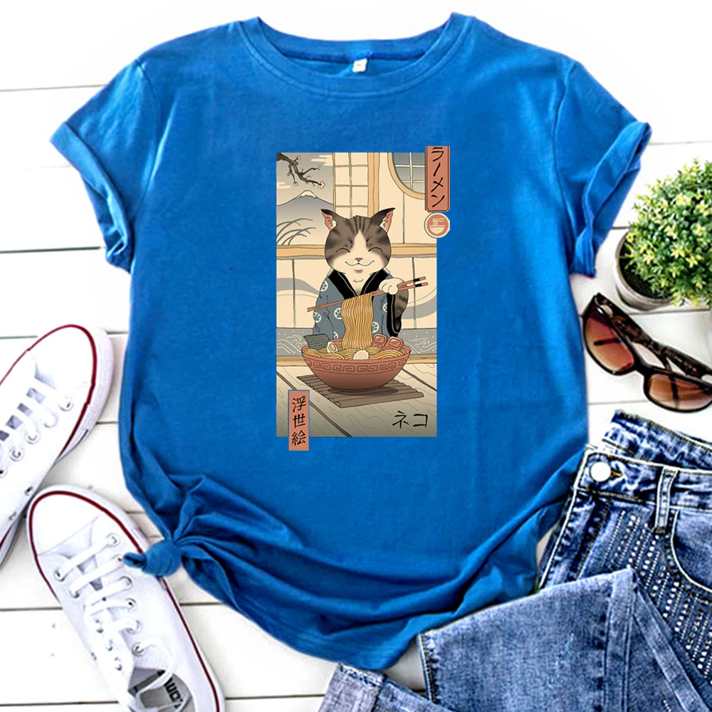 Kitten Eating Ramen Ukiyoe T-Shirt Personality Printing T Shirt Woman Funny Kawaii Womens Tshirtoversize Fashion Women Clothes