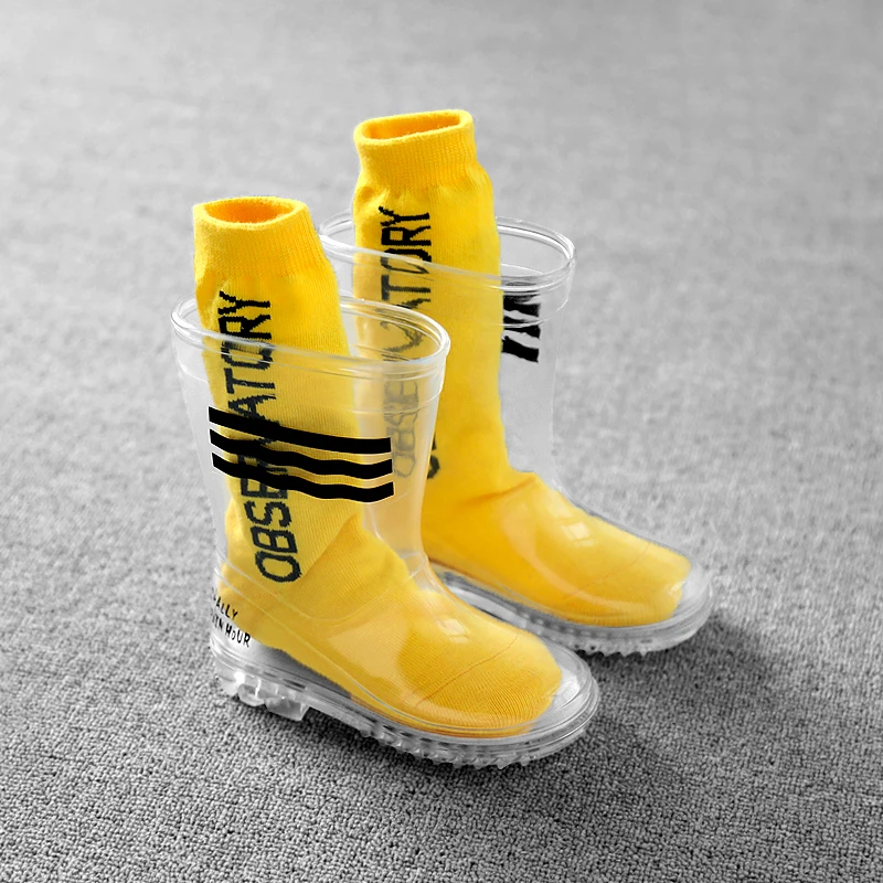 Непромокаемые сапоги для мальчиков и девочек; прозрачная непромокаемая обувь; студенческий ребенок младшего возраста младенец; непромокаемые сапоги с носками для малышей; нескользящие