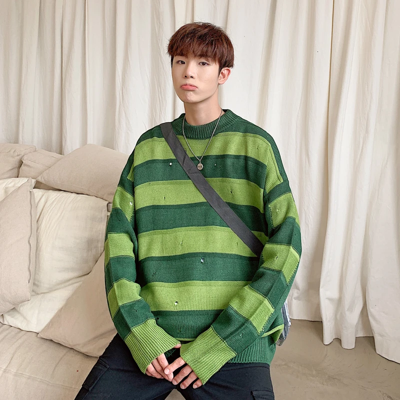 Autumn New Striped Sweater Men Fashion Contrast Color Casual Knit Sweter Man Streetwear Loose Hip Hop Hole Pullover Men Clothes