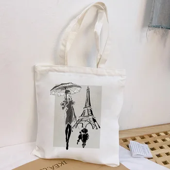 

Lady Under The Eiffel Tower And Her Pet Printed Shoulder Canvas Bags Sketch Casual Crossbody Women Bag Harajuku Handbag Purse