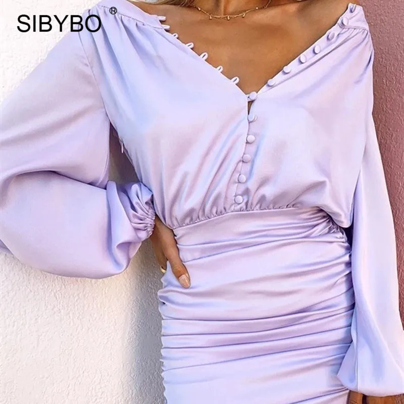 Женское атласное облегающее платье SIBYBO фиолетовое с рукавами фонариками и
