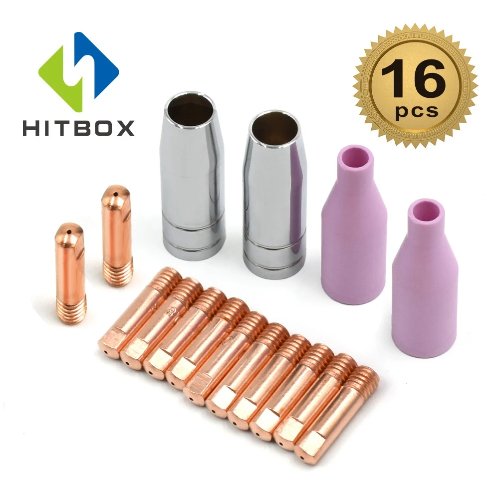 Hitbox Mig Set Of Nozzles 16pcs Ak15 For Welding Torch Cap Tip Contact 0.8mm Mb15 Ceramic