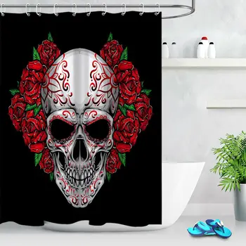 

Hallowen Red Pattern Skull Rose Fabric Shower Curtain Set
