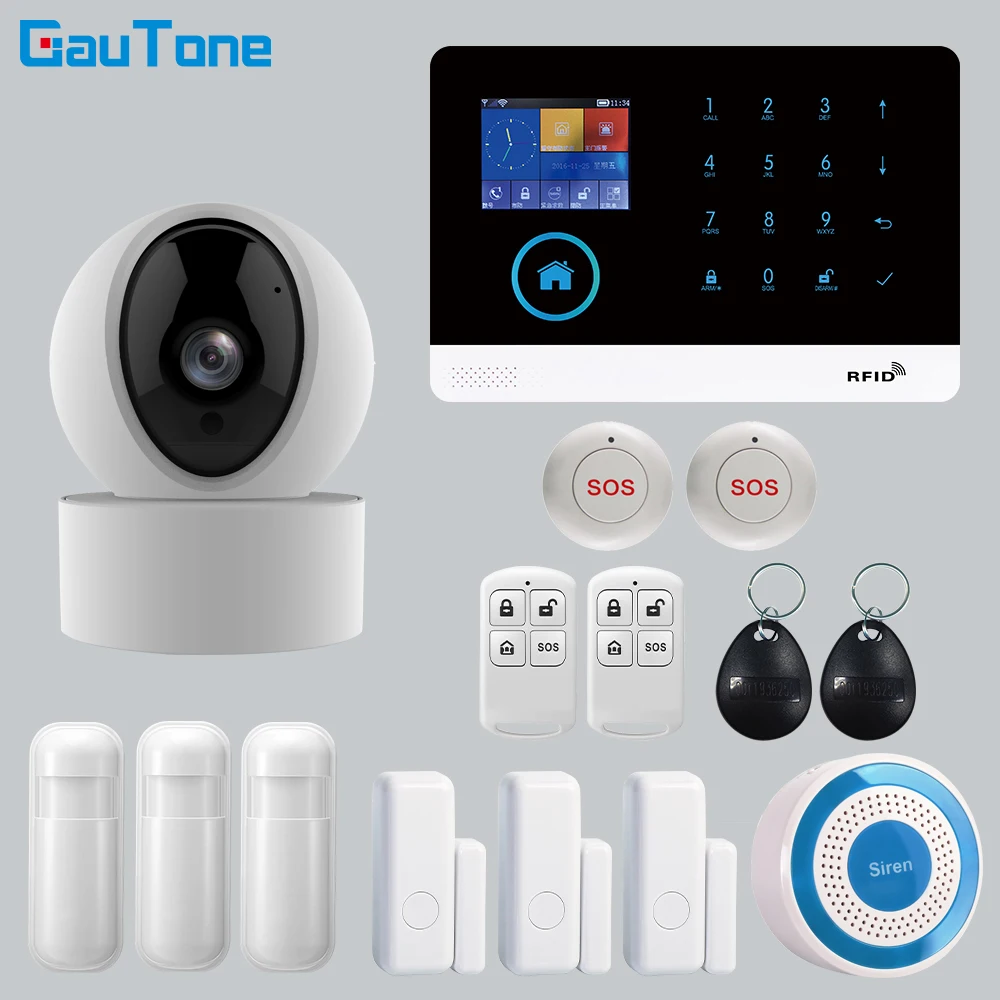 US $38.71 APP Remote Control Wireless Home Security WIFI GSM SOS GPRS Alarm system with Camera RFID card Arm Disarm For Android and IOS