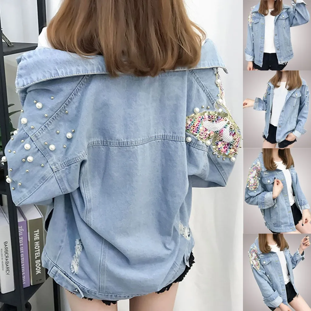 Весна, женские джинсовые куртки с жемчужинами и бисером, 5Xl, повседневные джинсы, куртка-бомбер с длинным рукавом, джинсовое пальто корейского размера плюс