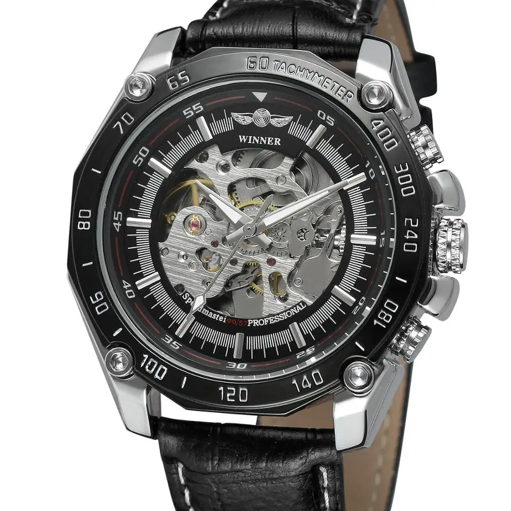 

WINNER Fashion trend hollow design cool men's black dial black case black leather strap automatic mechanical watch