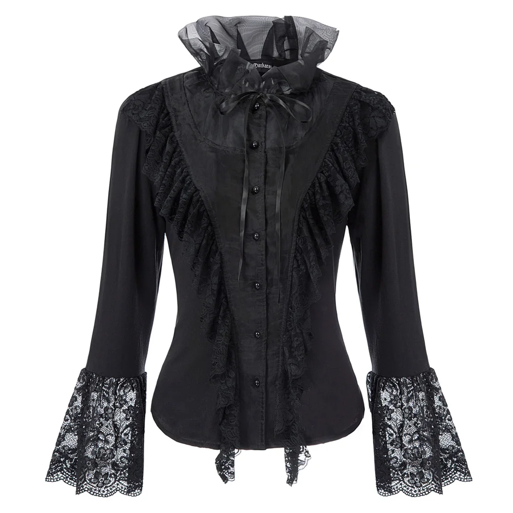 Goede Middeleeuwse shirt Vrouwen Ruches lace Shirt Tops Lange flare Mouw Stand Kraag lace up gothic retro elegante Steampunk blouse lady