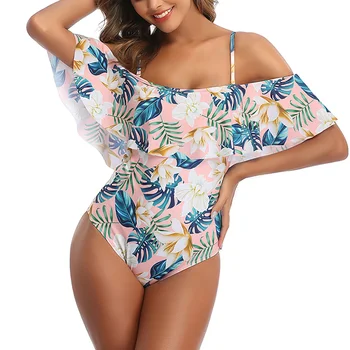 

Plus Size Ruffled Women's Swimsuit 2020 One-shoulder One Piece Swimsuit Flamingo Pattern Sling Sexy Wimwear Women Bathing Suit