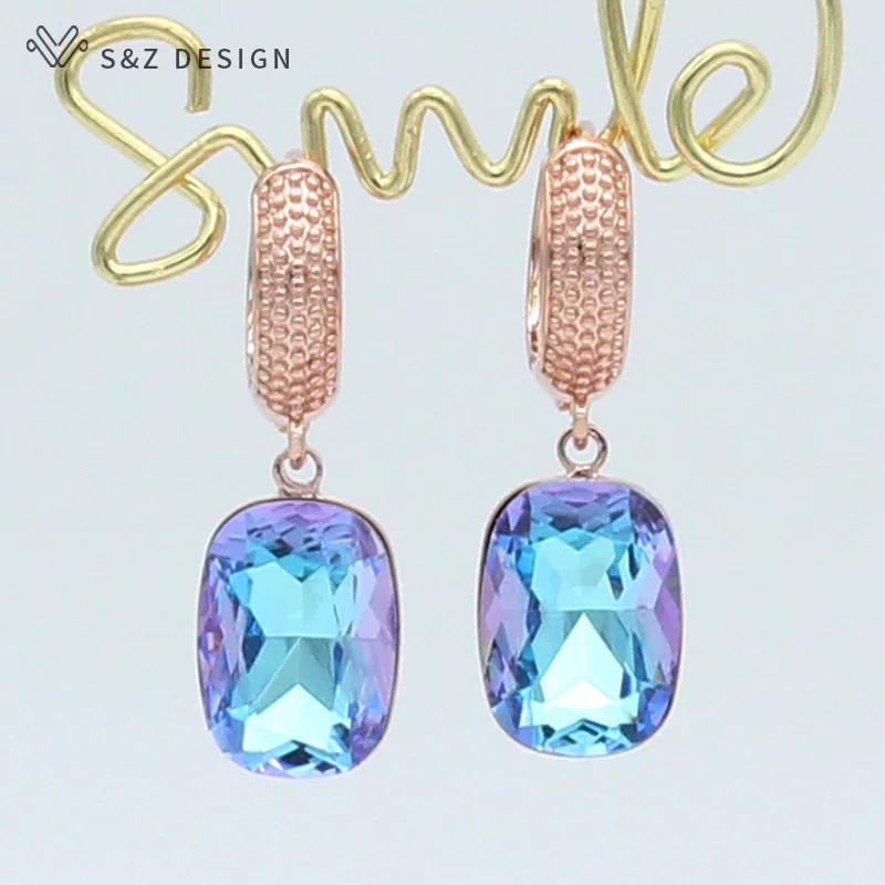 S&Z DESIGN Square Crystal Dangle Earrings For Women Wedding Jewelry 585 Rose Gold Color Party Fashion Eardrop