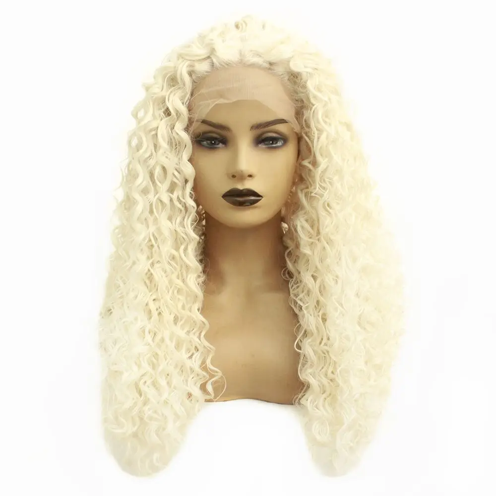 Dark Brown Color Long Hair Afro Kinky Curly Lace Wigs Heat Resistant Fiber 180 Density Synthetic Lace Front Wig with Baby Hair