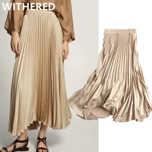 

Maxdutti faldas mujer moda 2021 england style office skirts womens lady elegant satin pleated high wasit long skirt women midi