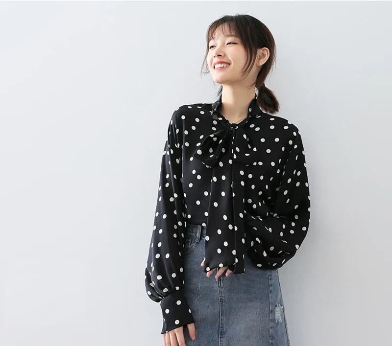 Женские рубашки, горошек, точечный фонарь, рукав, блузка, Плиссированный Воротник, галстук-бабочка, горошек, принт, топы, офисные женские рубашки, шикарная Корейская уличная одежда