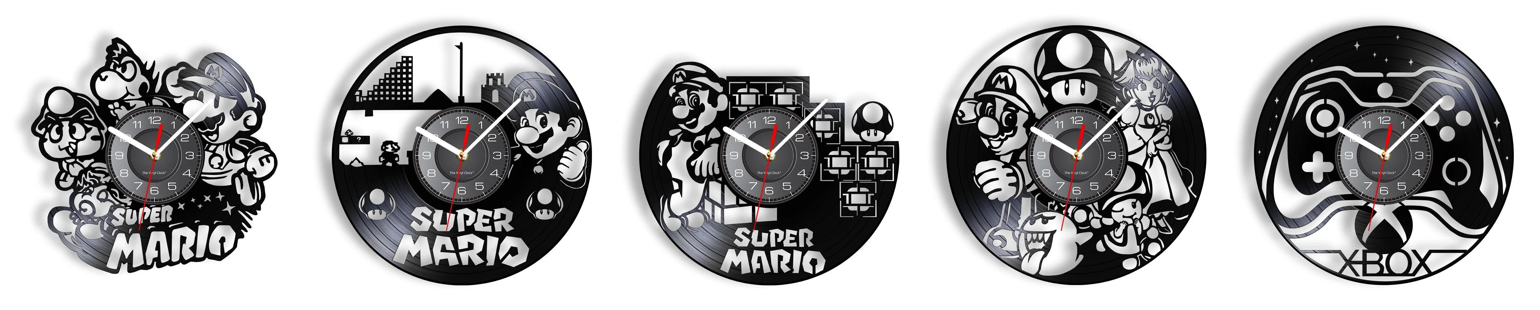 Video Game Inspired Vinyl Record Clock Princess & Mr. Mario WIth Magic Mushrooms Longplay Record Wall Watch Silent Hanging Decor wall clock for living room