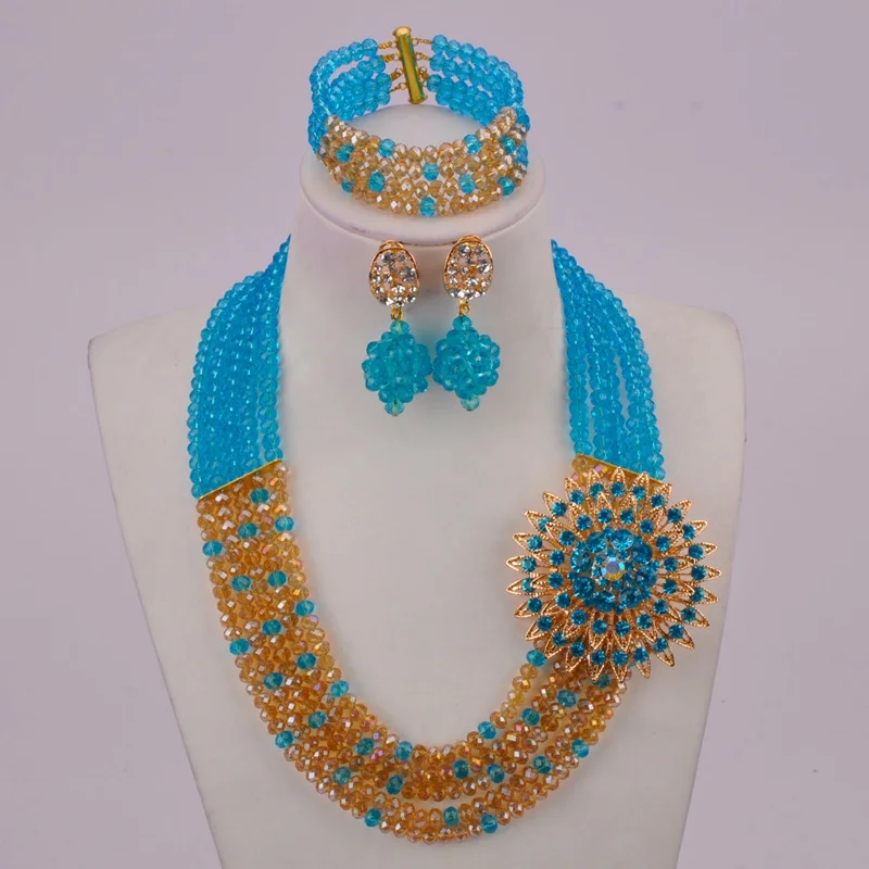 Нежное очаровательное бисерное ювелирное изделие Королевский синий персик для женщин нигерийские Свадебные африканские бусы комплект ювелирных изделий ABC1022 - Окраска металла: Lake Blue Gold AB