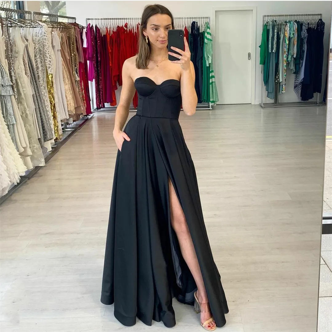 

Long Black Evening Dresses With Slit Sweetheart Satin Prom Gown Robes de soirée Floor Length Party Dresses Вечерние платья