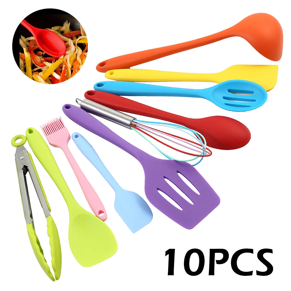 

10 Pcs/set Silicone Kitchen Utensils Set Colorful Spoon Spatula Pasta Server Whisk Ladle Strainer For Home Cooking BBQ Baking