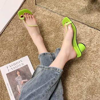 

Transparent Slippers High-heeled Shoes Lady Platform Slipers Women Med Square Toe Rubber Flip Flops Slides Fashion Soft Heels