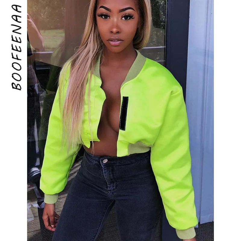 price cut  BOOFEENAA Neon Green Cropped Jacket Women Streetwear Outwear Windbreaker Bomber Baseball Coats and 