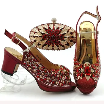 

High class wine with crystal stones wedding shoes and evening bag sets luxury sandals with purse 18B4 , heel height 7cm