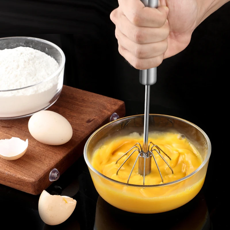 Stainless Steel Egg Beater Manual Self Turning Whisk Semiautomatic Egg