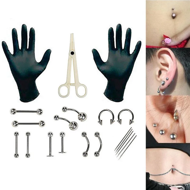 Piercing Jewelry Needles Kit Sex Belly Tongue Eyebrow Nipple Lip Nose Disposable Piercing Jewelry Tool Sets Hot 20pcs / Set