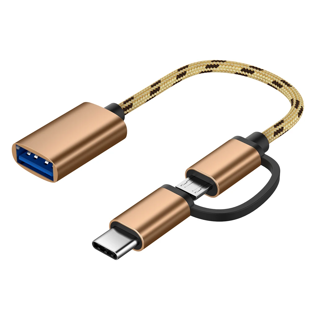 2 в 1 USB 3,0 OTG кабель с нейлоновой оплеткой Micro usb type C адаптер для синхронизации данных и зарядки для samsung One Plus MacBook USBC type-C OTG - Цвет: Золотой