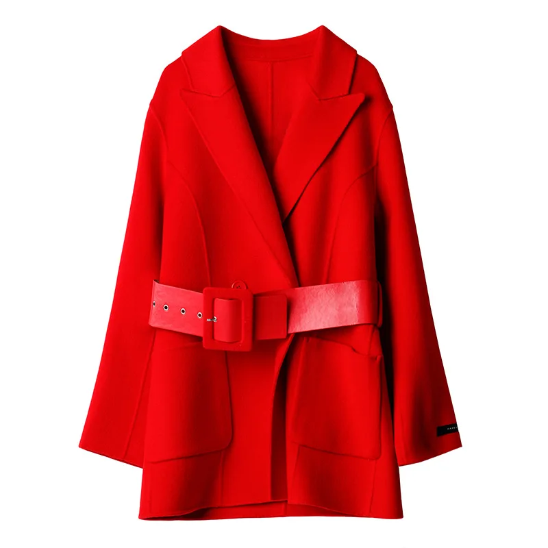 

handmade Wool Coat with Broad Belt Winter Women's Double-sided Woolen Coat Christmas Red Coat for Women