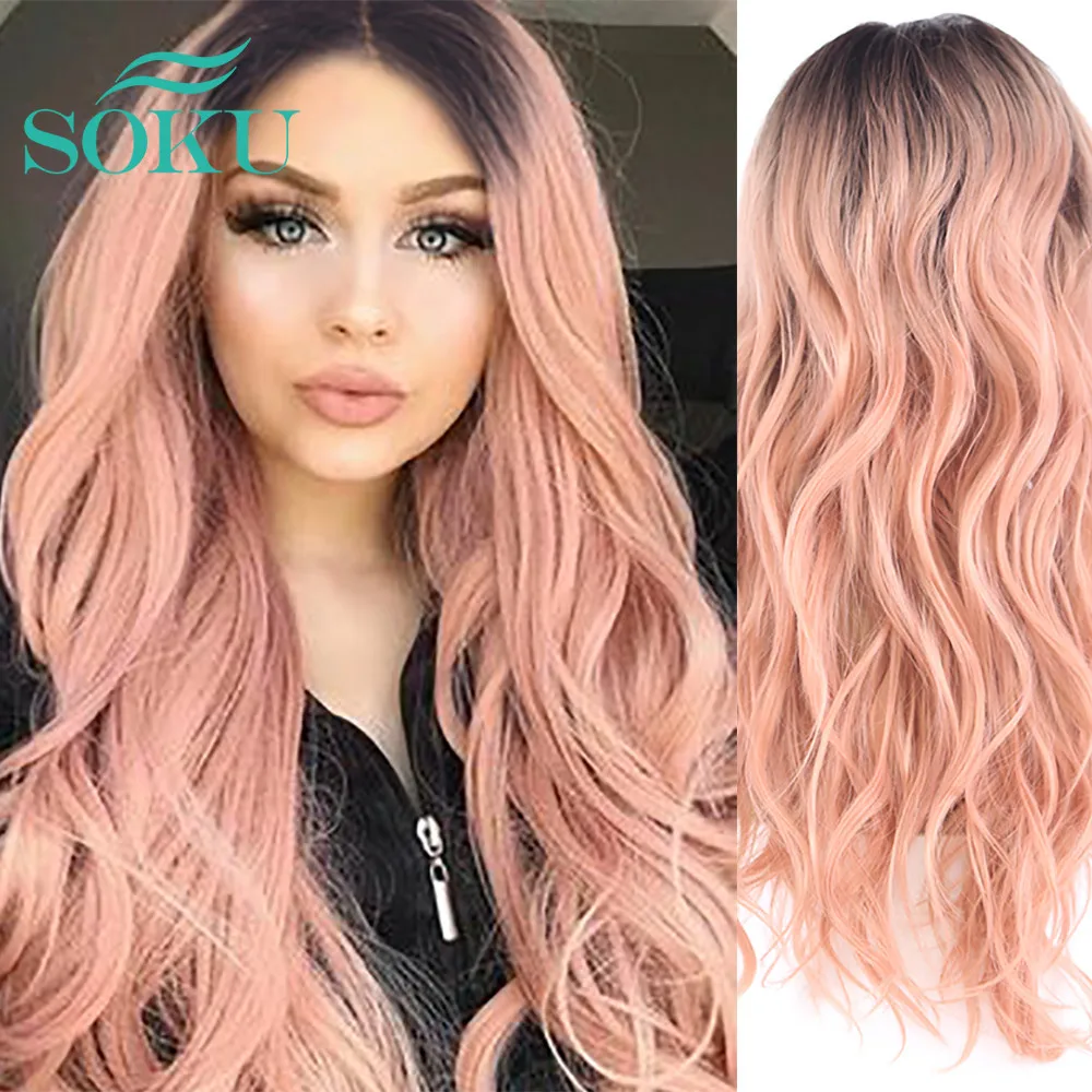 Wigs Lace-Front SOKU Pink Synthetic L-Part High-Temperature-Fiber Natural Ombre Women