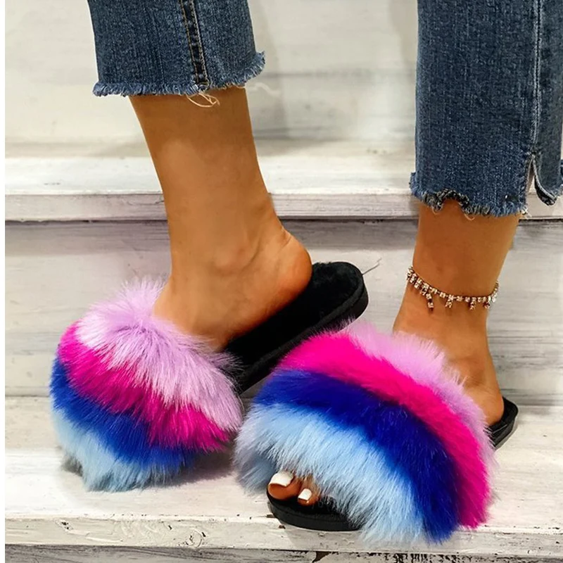 INS Hots Women Fur Slippers Woman Multicolor Slides Women