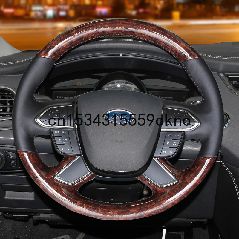 

For Ford Taurus 2019 Hand Stitched Car Steering Wheel Cover Imitation Peach Grain Leather Interior