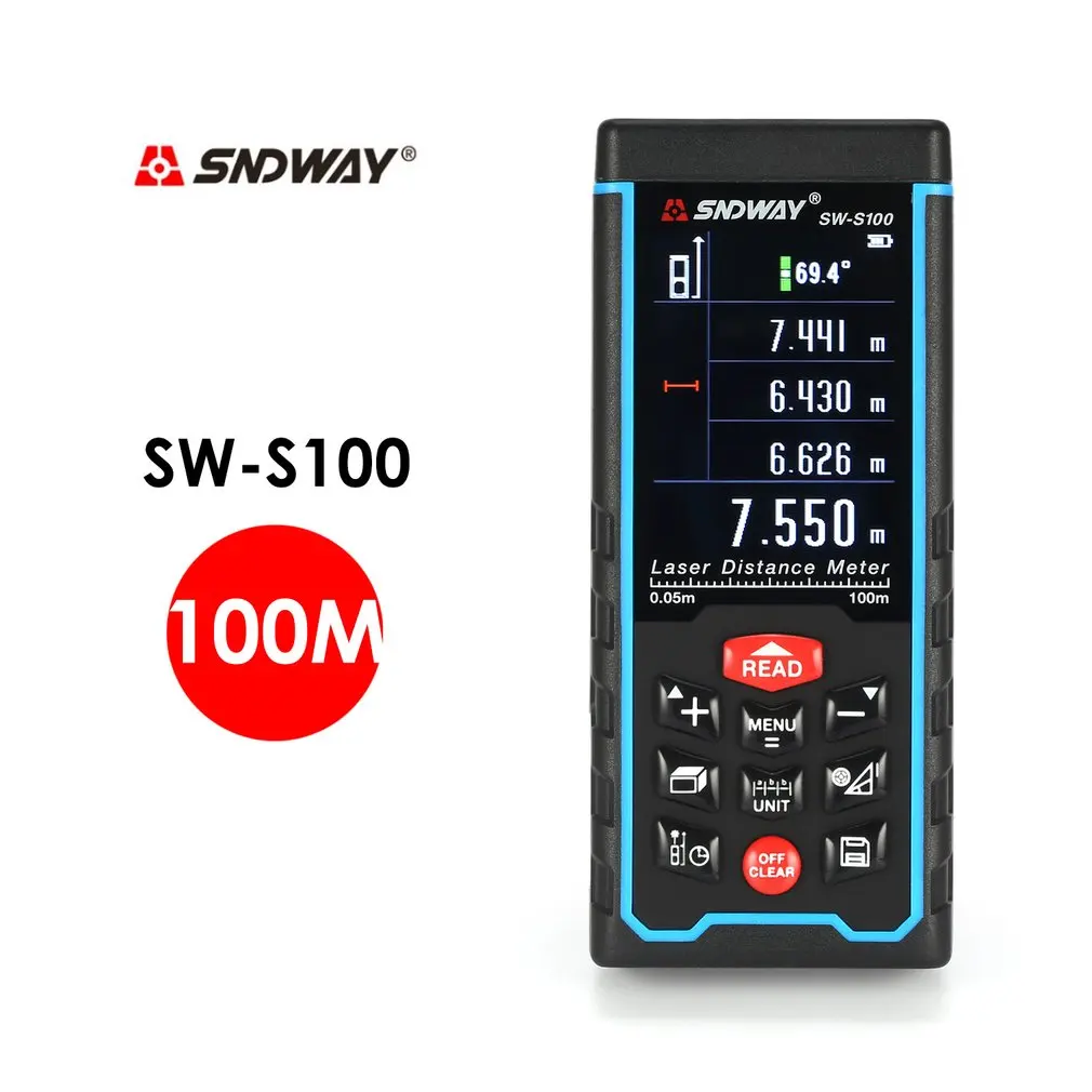 SNDWAY 100M SW-S100 laser ręczny miernik odległości dalmierz Trena taśma miernicza laserowa narzędzie odległości dalmierz SNDWAY 100M SW-S100 laser ręczny miernik odległości dalmierz Trena taśma miernicza laserowa narzędzie odległości dalmierz