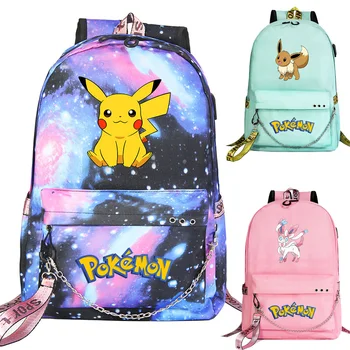 

New Cartoon Pikuchu Eevee Prints Boys Girls Kids School bag Women USB Chain Backpack Canvas Men Bagpack Packsack Bookbag