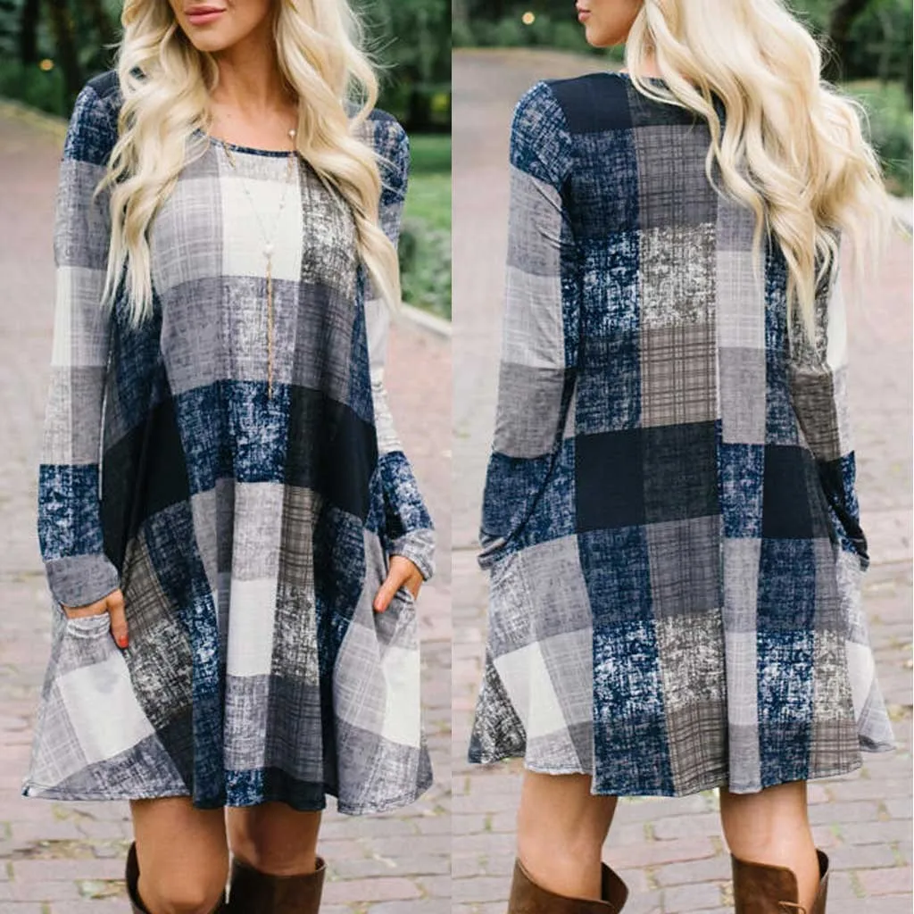 Новинка,, vestidos ropa mujer, зимнее женское рождественское платье в клетку с карманами и длинным рукавом, вечерние женские платья