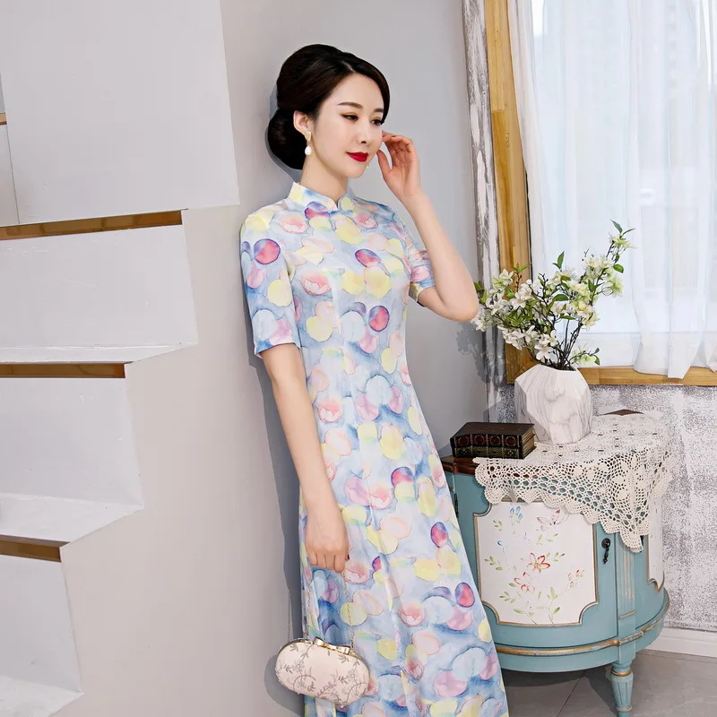 

2020 spring new improved long cheongsam dress middle sleeve fashion daily high-end factory direct Chinese style