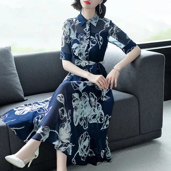 

Vintage Summer Dress for Women Clothes 2020 Korean Elegant Ladies Chiffon Floral Long Vestidos + Belt Women Dress 11775