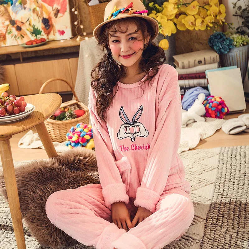 

Winter Flannel Cut Article Pajamas Women's Extra-large Pullover Set Long Sleeve plus Velvet Cute Cartoon Warm Tracksuit