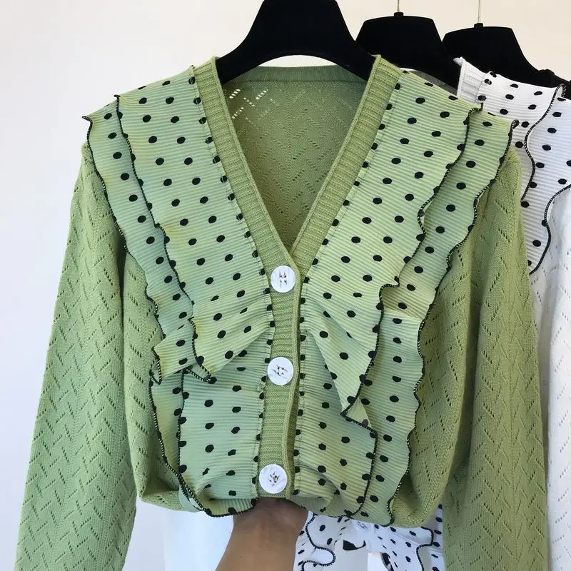 

Dot Ruffles Cardigan Sweater Women 2019 Autumn Korean Style V-neck Lace Knitted Cardigan Buttons Coat Jacket Girla Students