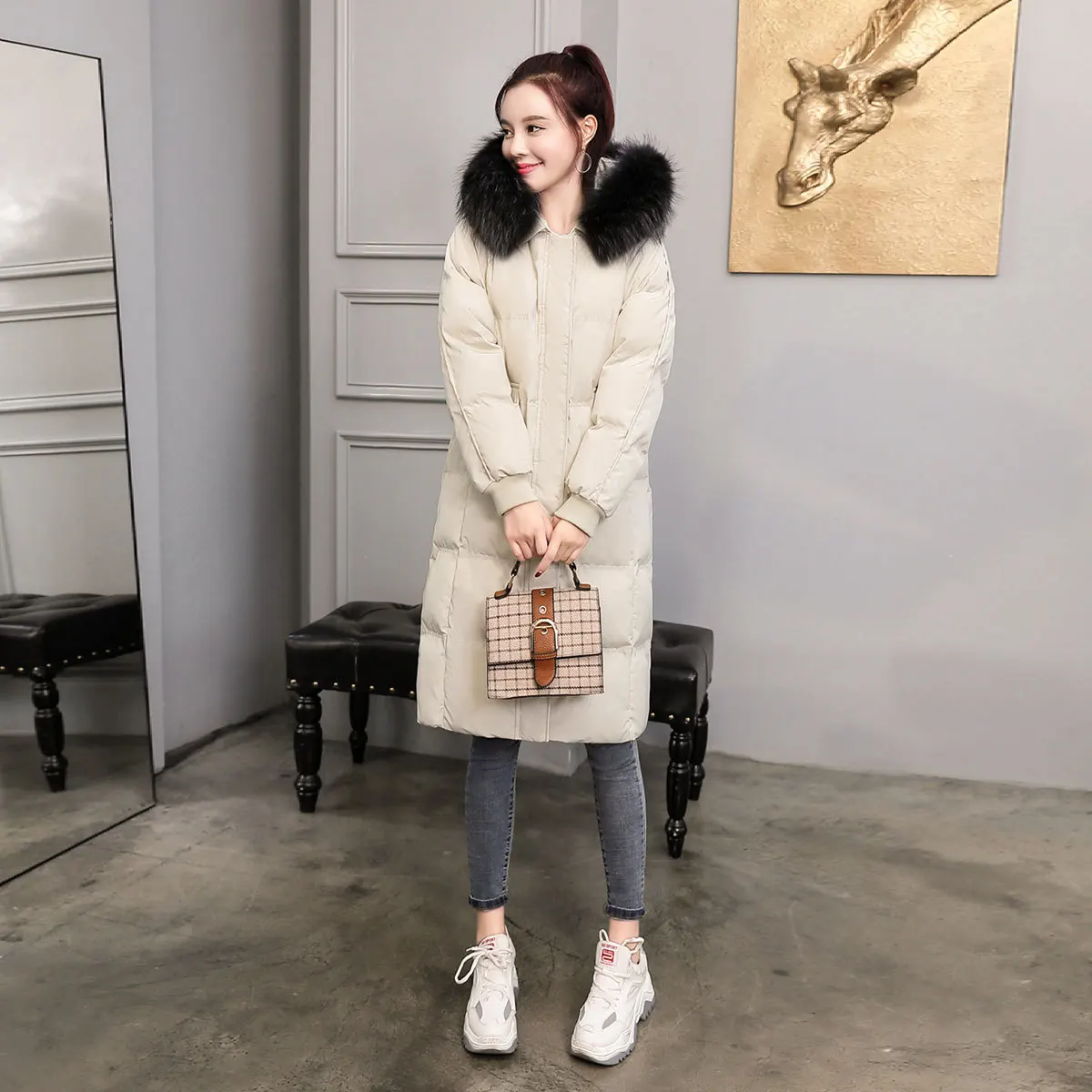 

Casual Cotton-padded Jacket Women's 2019 Winter Korean-style Loose-Fit Simple Fashion over-the-Knee Mid-length Thick Warm Cotton