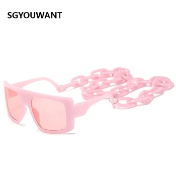 

Oversized Square With Chain Sunglasses Women Luxury Brand Designer Retro Large Frame Sun Glasses Trendy Candy Color Eyewears